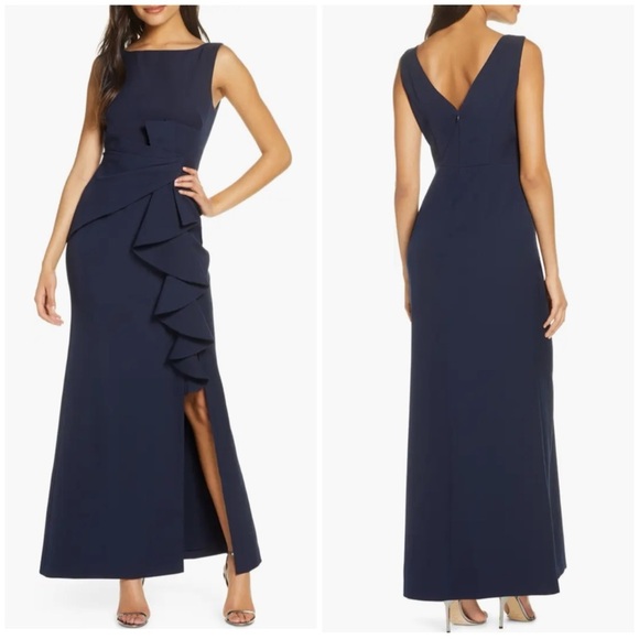 New Eliza J Ruffle Front Gown Maxi Dress Slit Navy Blue Sz 16 - Picture 1 of 15